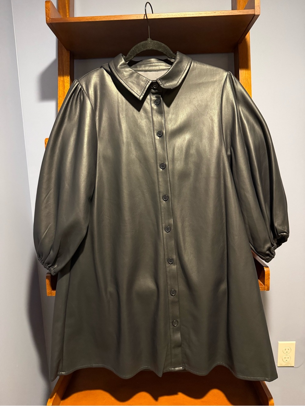 Dolce Cabo Dark Blue Faux Leather Mini Dress with Puff Sleeves